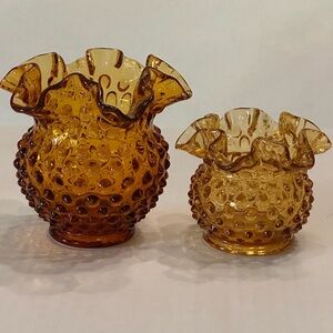 Fenton Amber Glass Hobnail Ruffle Edge Vase Duo Vintage